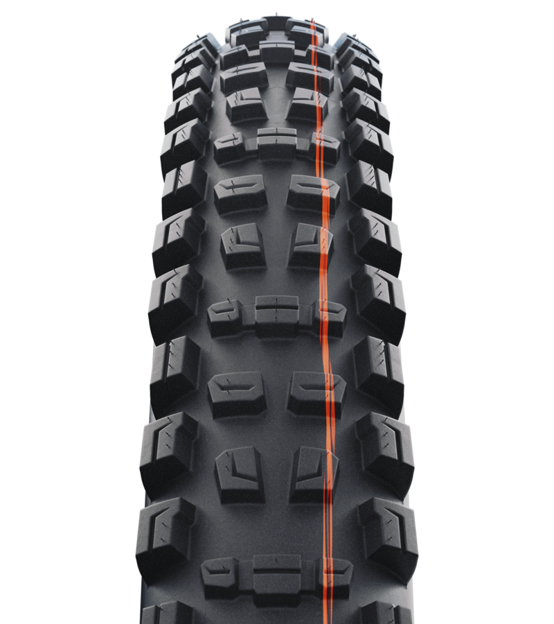 Mountainbike-Reifen, stollendes Profil, Reifenwand, Rennreifen, Orangener Streifen, Reifen, Profiltiefe, Off-Rroad, Knobby, Reifenlackierung, mtb tire, knobby tread, tire pattern, off-road tire, red stripe, reif, profil, knobby, off-road, tubeless
