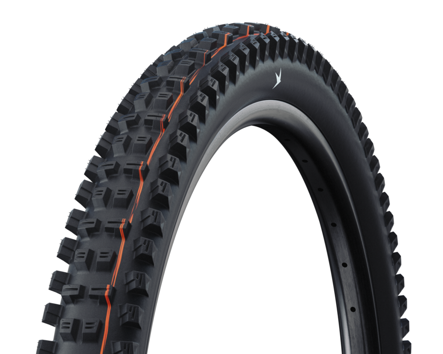 Mountainbike-Reifen, Knobby-Profil, tubeless-fähig, schwarzer Reifen, orange Akzent, reif, mountainbike-reifen, knobby-lauf, tubeless-reifen, schwarze-reifen, Mountain bike Reifen, noppige Lauffläche, Offroad-Reifen, Schwarzer Reifen, Reifen Wulst