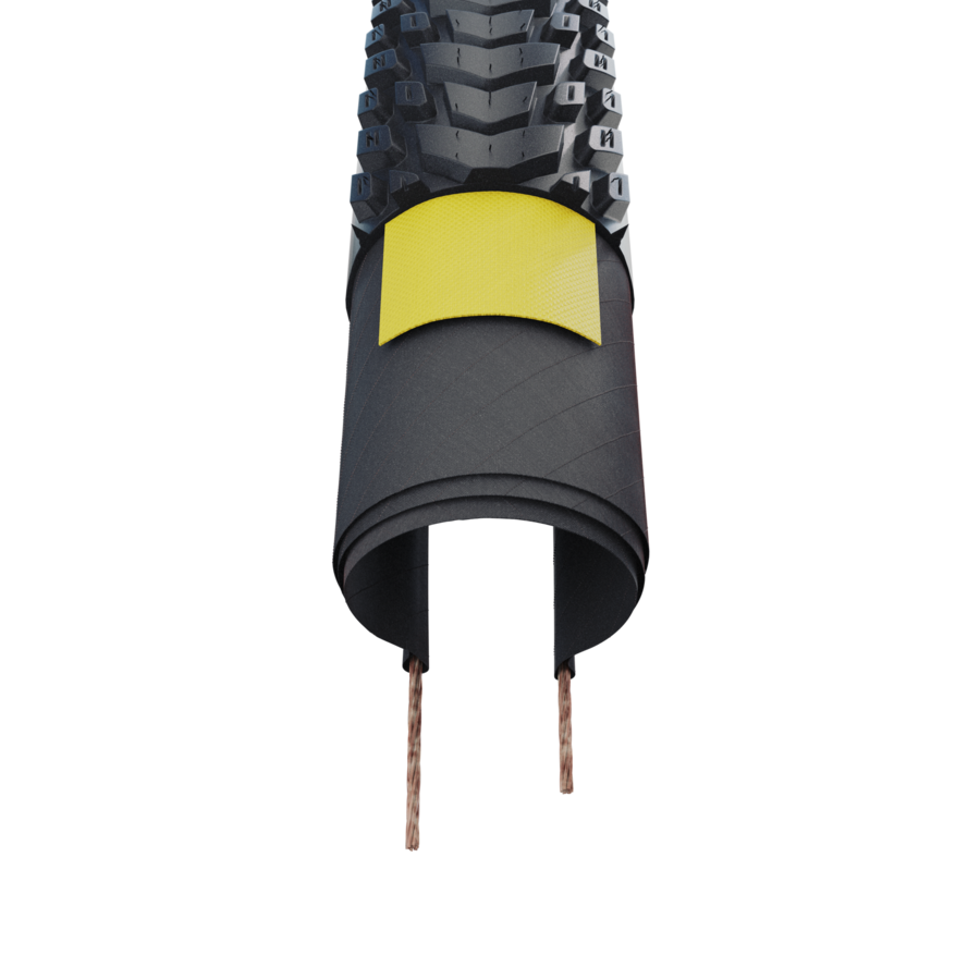 Mountainbike-Reifen, profilerad, Binnenrohr, Fahrradschlauch, gelbe Einspeisung, Mountain bike tire, Tire tread, Yellow label, Tubeless tire, Inner tube rim band