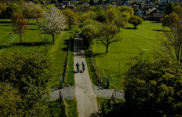Pfad, Schotterweg, Fahrrad, zwei Radfahrer, Park