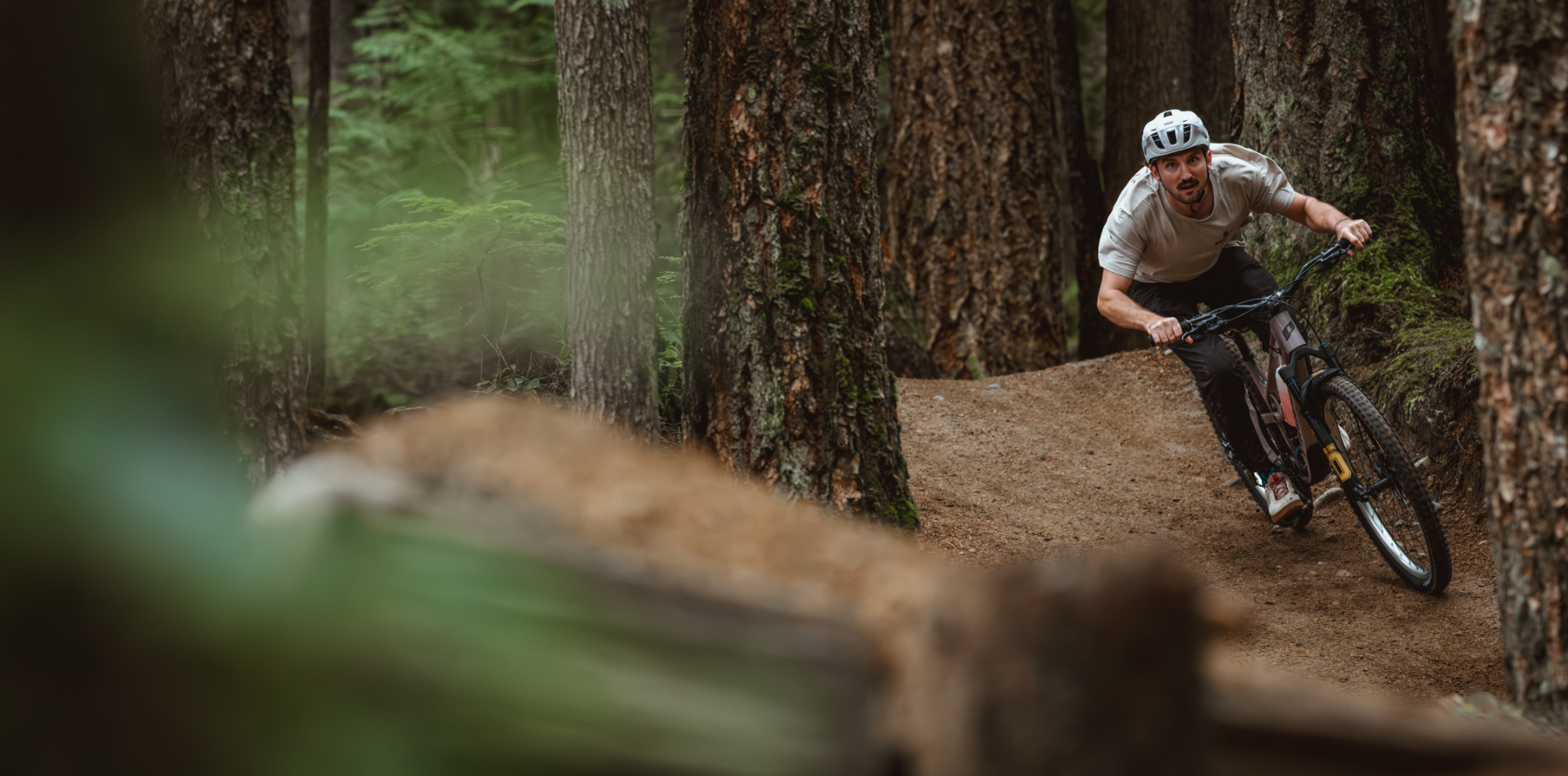 Mountain bike, Cyclist, Forest trail, Helmet, Biking gear