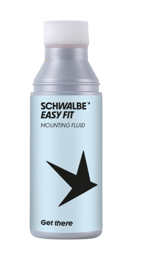 Montageflüssigkeit, Schwalbe, Easy Fit, Flasche, Fahrrad, Schmiermittel, Stern-Logo, weißer Deckel