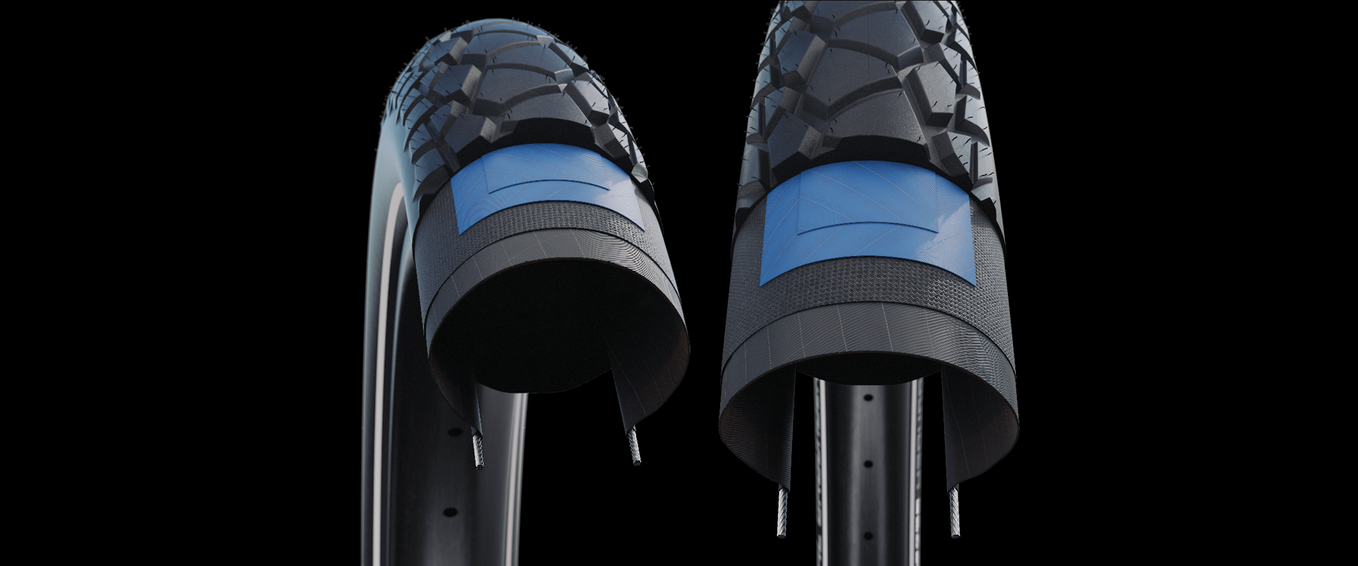 Mountainbike-Reifen, Reifenprofil, Tubeless-Reifen, blaue Markierung, Vorderansicht