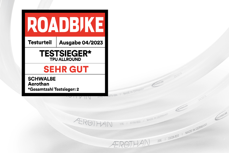The Schwalbe Aerothan won the TPU tube test of ROADBIKE magazine (issue 04/23). With 82 points, it achieved the overall rating "Very Good" and the test victory Allround. 