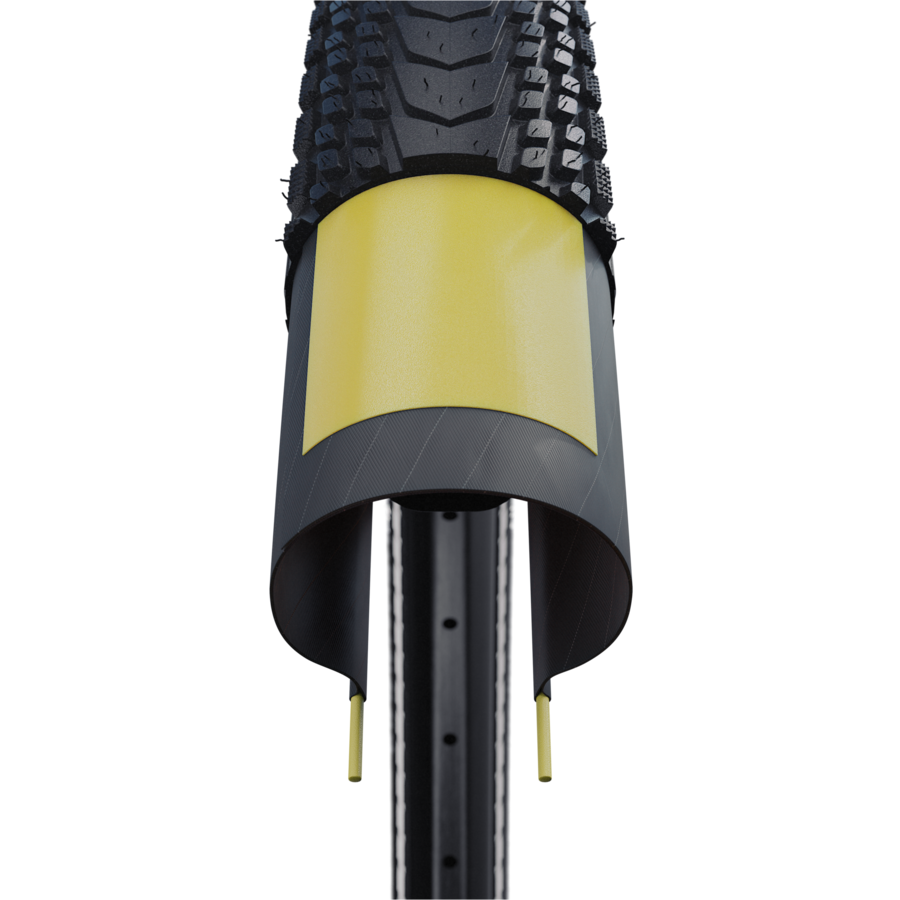 Mountain bike tire, Tire tread, Front suspension mudguard, Rim protection, Yellow accent, Mountain bike tire, tire tread, front fork, mudguard, yellow accent, Reifen, Mountainbike, Vorderradgabel, Schutzblech, Profil